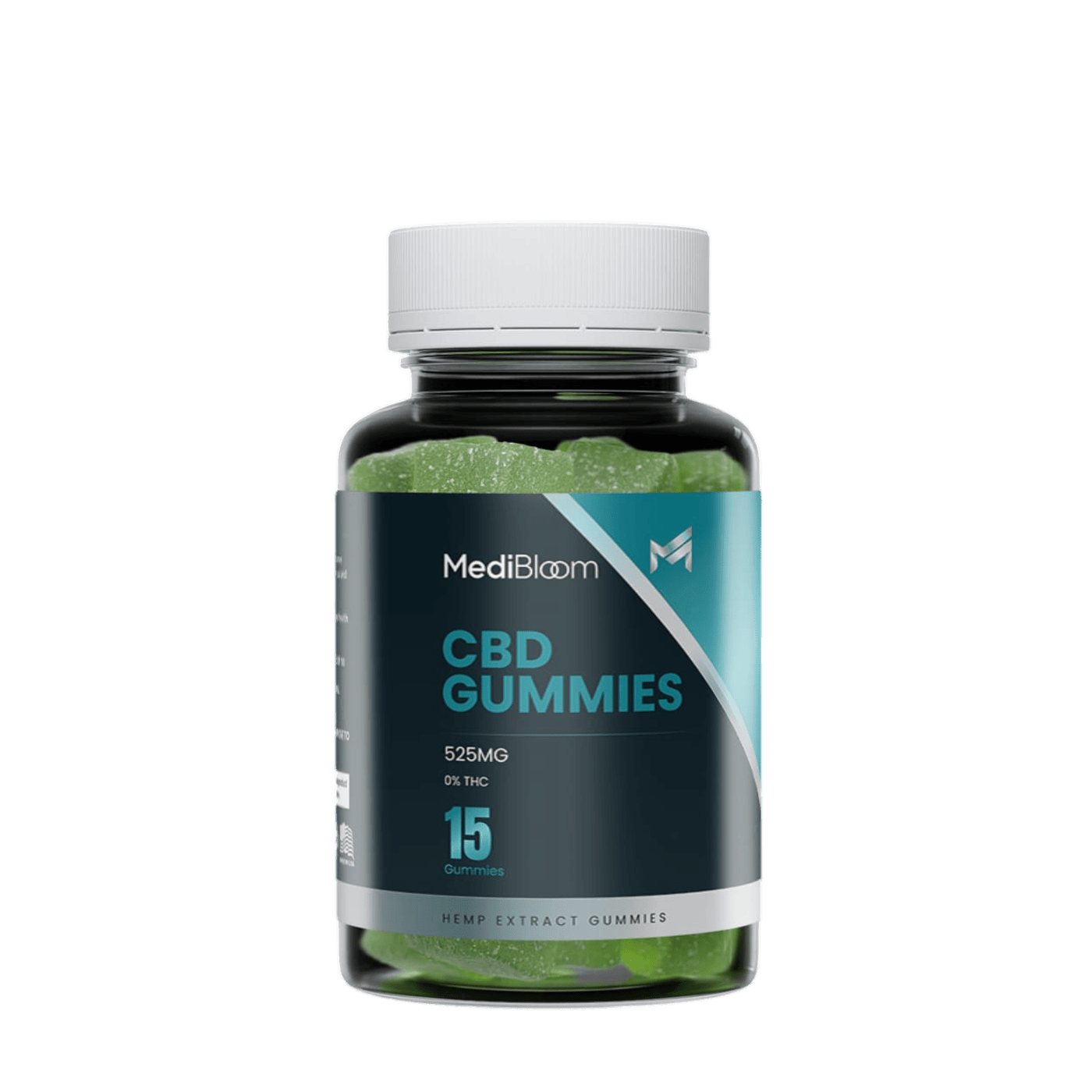 Bottle of MediBloom CBD Gummies containing 15 hemp extract gummies with 525MG and 0% THC
