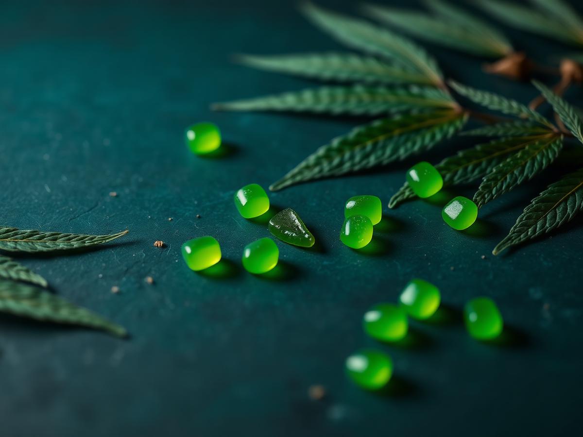Green hemp extract gummies scattered beside fresh hemp leaves on a dark slate surface